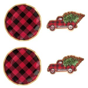 New 32 pc Holiday Buffalo Check Paper Plate Set‎